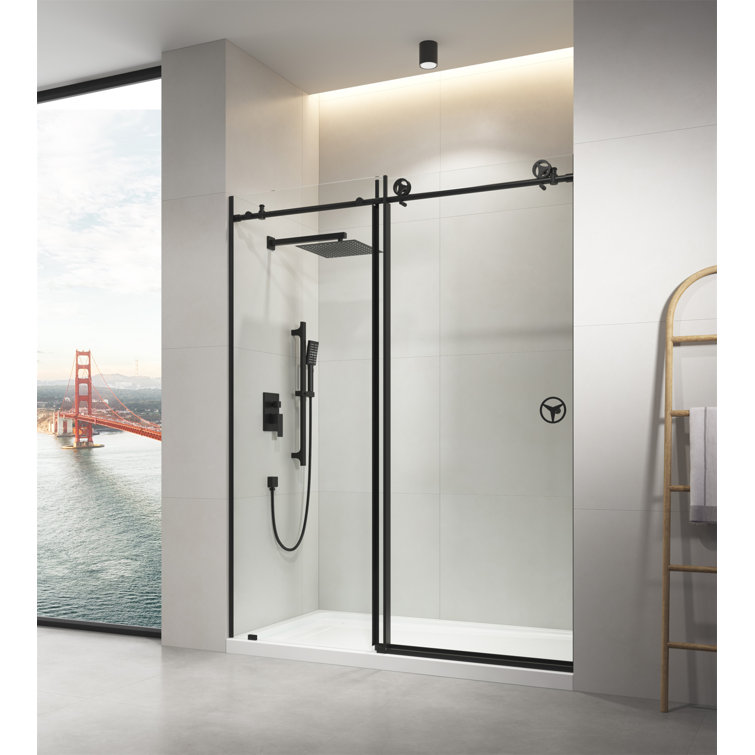 60-Inch Matte Black Frameless Sliding Shower Door with Clear Glass