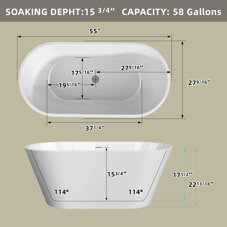 55" Glossy White Acrylic Freestanding Soaking Bathtub