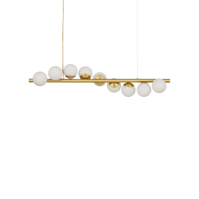 Brushed Brass Sputnik Linear Chandelier with White Globes