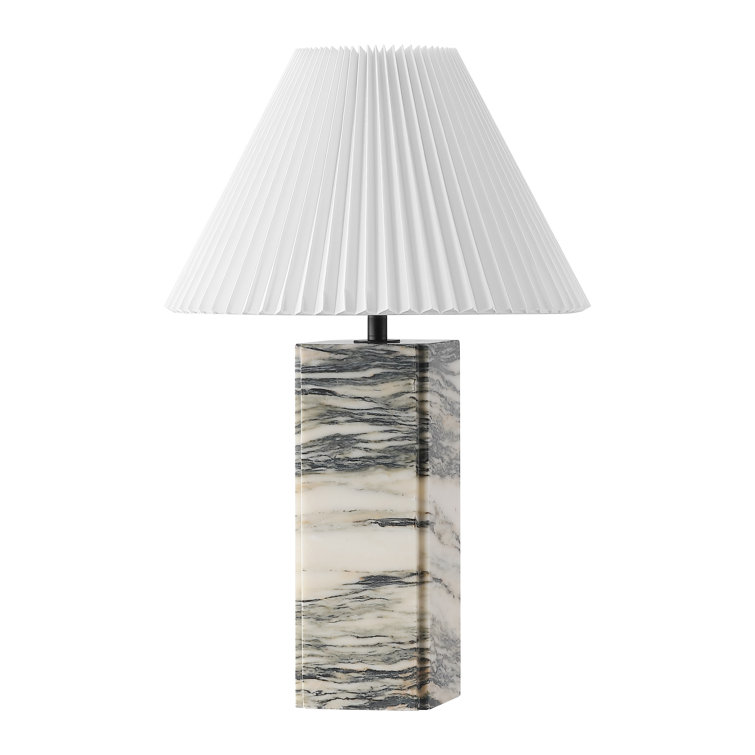 Cream and White Marble Base Table Lamp with Pleated Shade