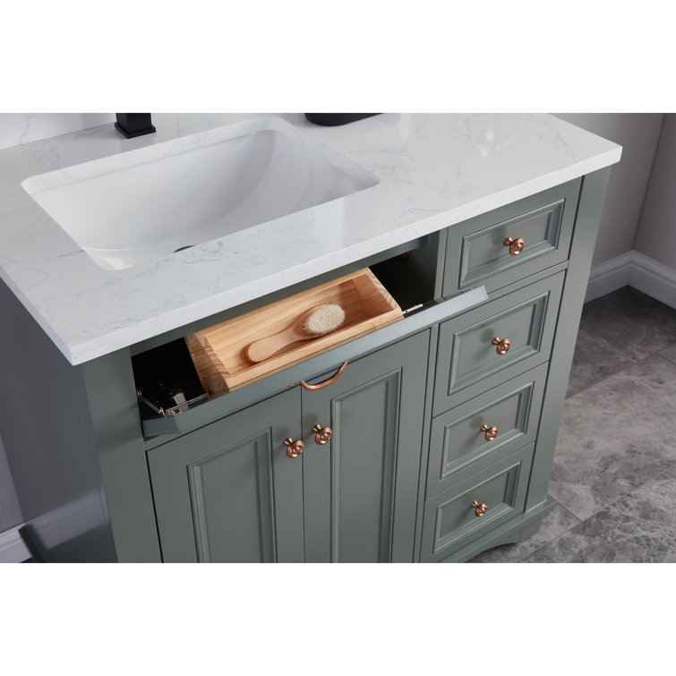 36" Pewter Green Solid Wood Freestanding Sink Vanity with Artificial Stone Top