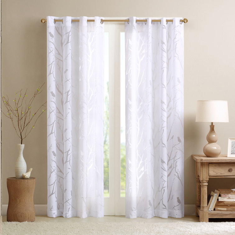 Silver Grommet Top Sheer Bird Print Window Drapes