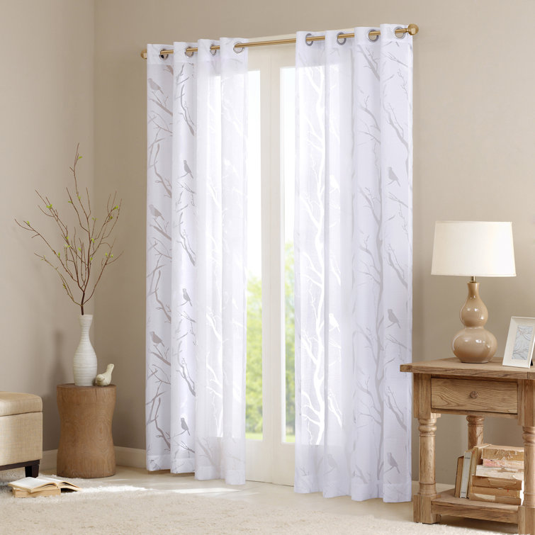 Silver Grommet Top Sheer Bird Print Window Drapes