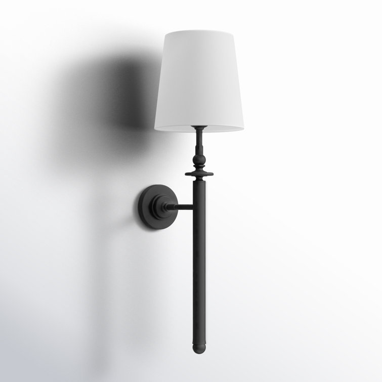 Aged Iron Black Dimmable Wall Sconce with White Linen Shade