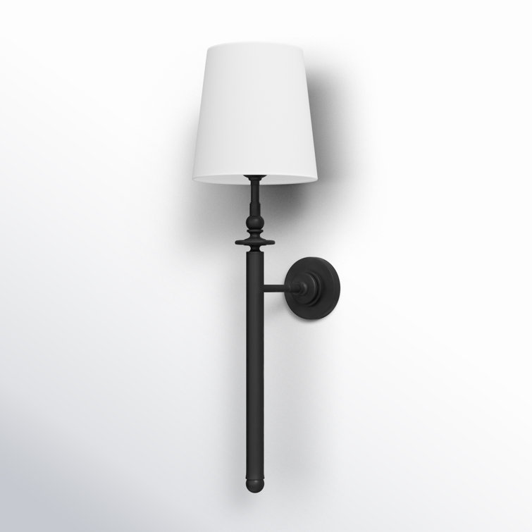 Aged Iron Black Dimmable Wall Sconce with White Linen Shade