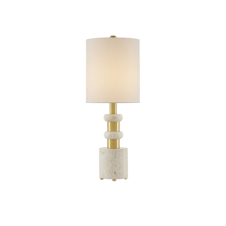 Beige Travertine and Brass Table Lamp with Bone Linen Shade