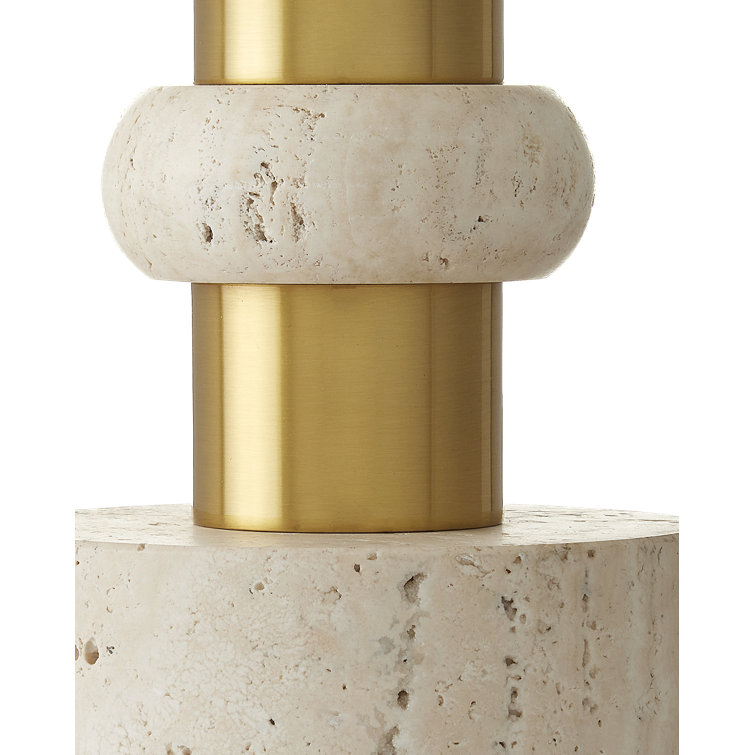 Beige Travertine and Brass Table Lamp with Bone Linen Shade