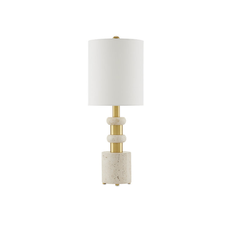 Beige Travertine and Brass Table Lamp with Bone Linen Shade