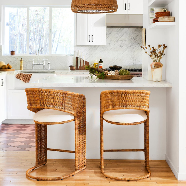 Natural Wicker and Rattan Counter Stool with White Cushion