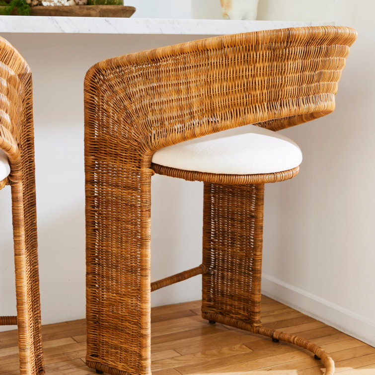 Natural Wicker and Rattan Counter Stool with White Cushion