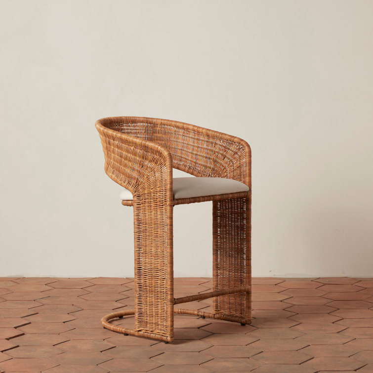 Natural Wicker and Rattan Counter Stool with White Cushion
