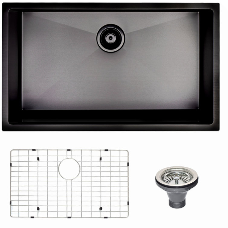 Black Stainless Steel Single Bowl Undermount Kitchen Sink with Grid and Strainer