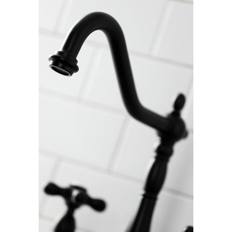Matte Black Brass Heritage Bridge Kitchen Faucet with Side Sprayer