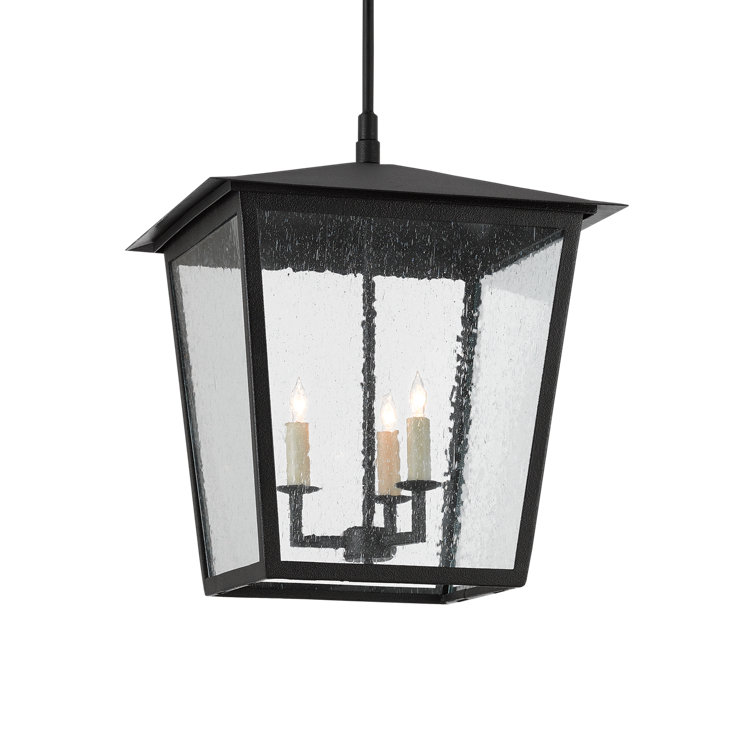 Black Wrought Iron and Glass 3-Light Outdoor Hanging Lantern