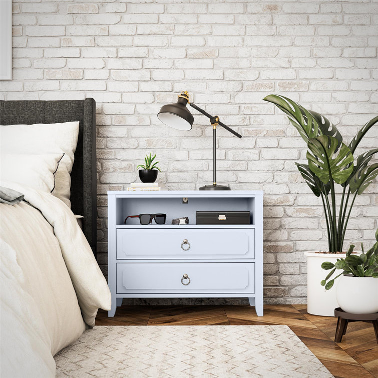 Powder Blue 2-Drawer Nightstand with Real Wood Legs