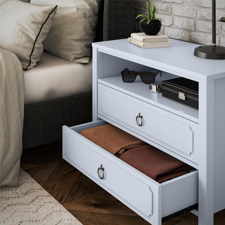 Powder Blue 2-Drawer Nightstand with Real Wood Legs