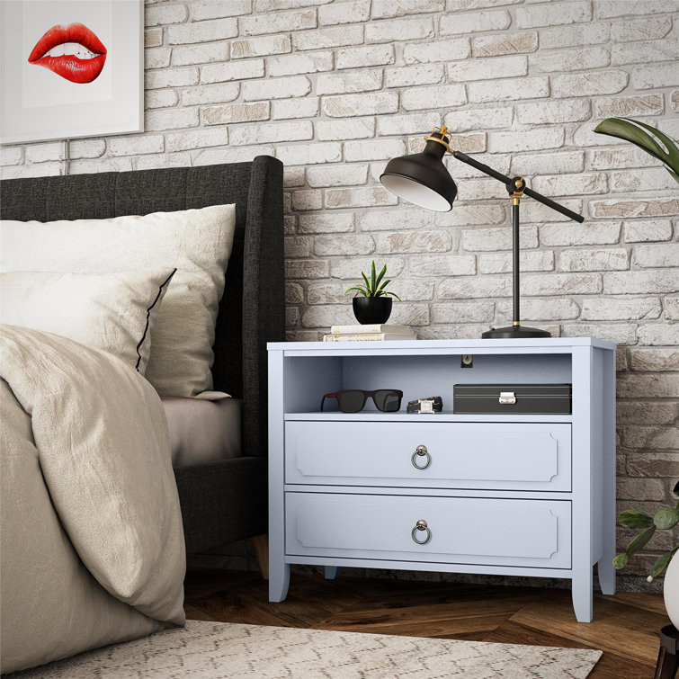 Powder Blue 2-Drawer Nightstand with Real Wood Legs
