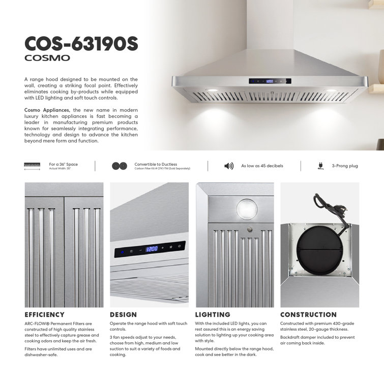 36'' Stainless Steel Convertible Wall Mount Range Hood with Charcoal Filter