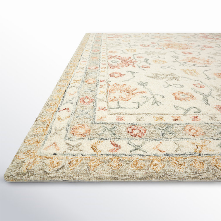 Handmade Ivory Wool Rectangular Floral Area Rug