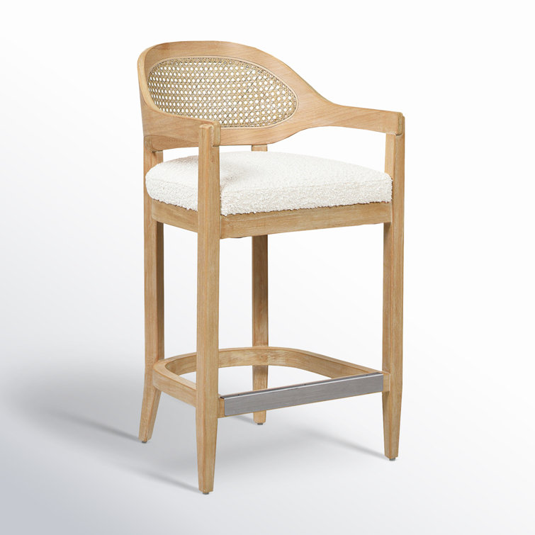 Ivory Boucle Upholstered Solid Wood Counter Stool with Cane Back