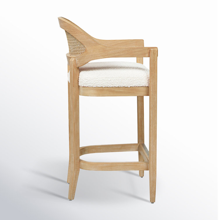 Ivory Boucle Upholstered Solid Wood Counter Stool with Cane Back