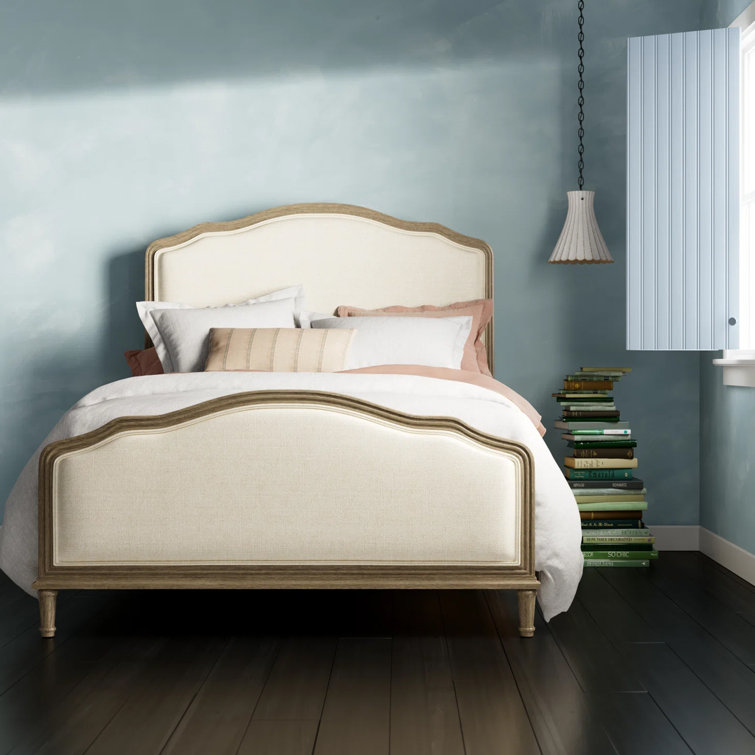 Amity Whitewash Queen Bed with Reeded Oak Frame and Linen Upholstery