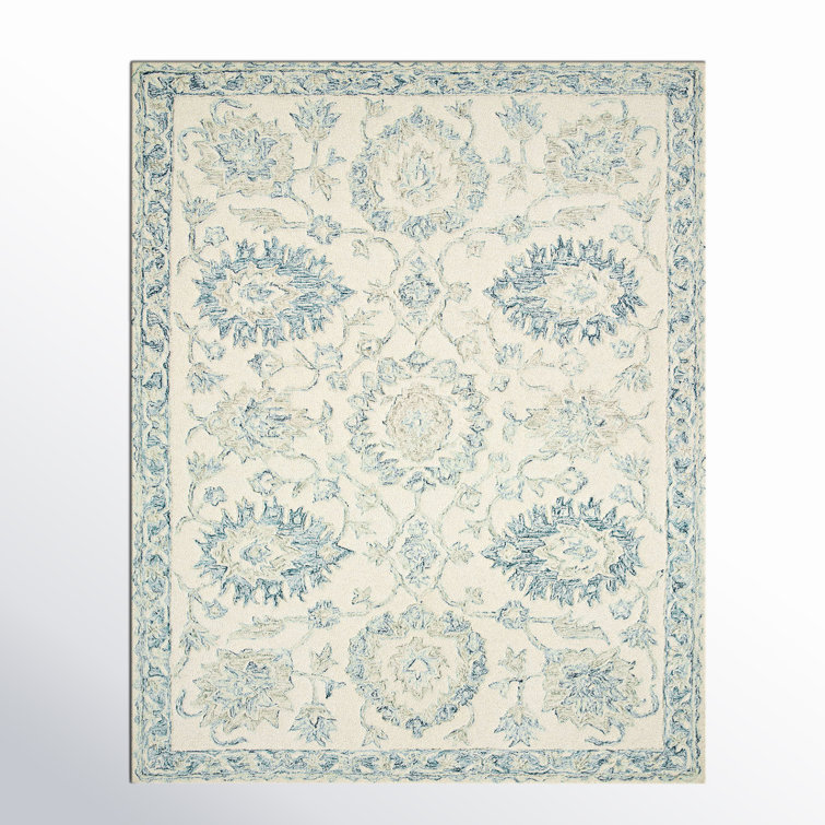 Handmade Blue and Ivory Wool Rectangular Rug