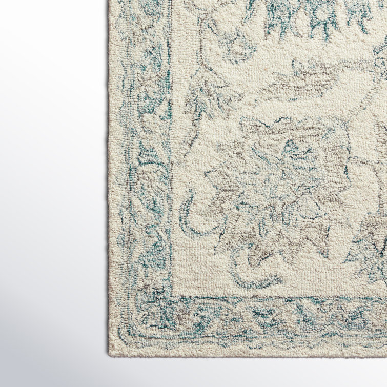 Handmade Blue and Ivory Wool Rectangular Rug
