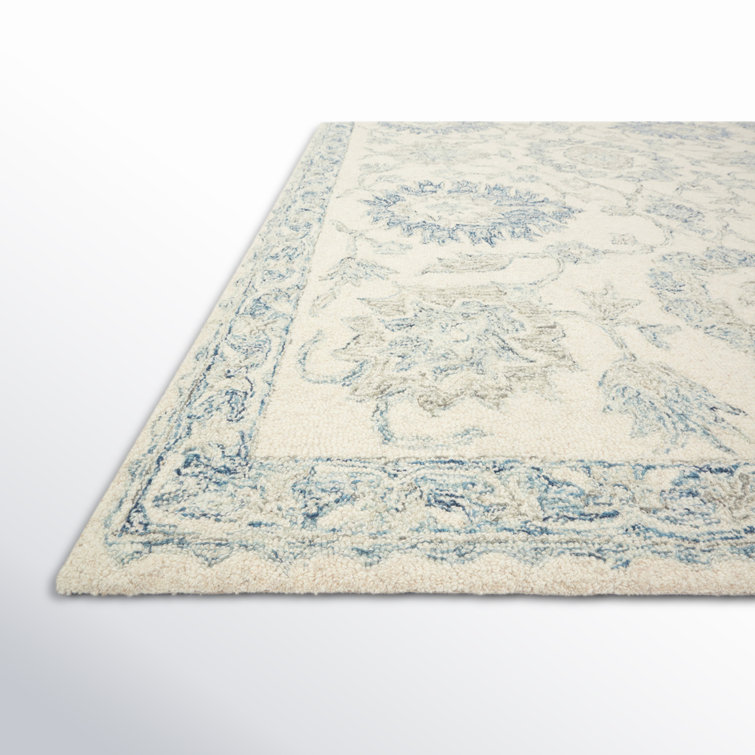 Handmade Blue and Ivory Wool Oriental Runner Rug