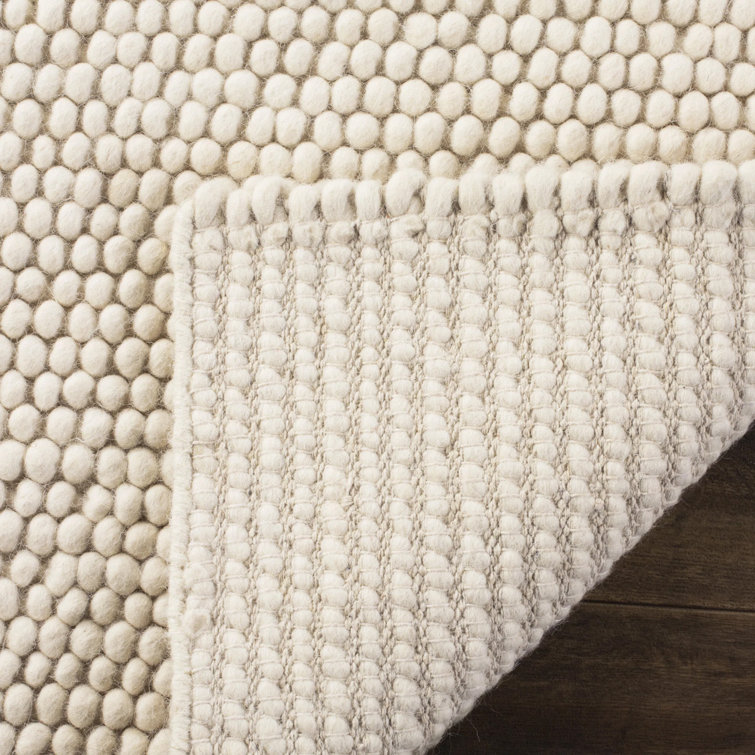 Ivory Round Flat Woven Wool and Cotton Rug
