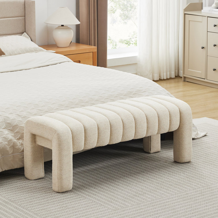Beige Linen Upholstered Bedroom Bench with Solid Wood Legs