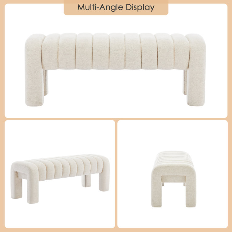 Beige Linen Upholstered Bedroom Bench with Solid Wood Legs