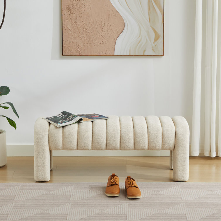 Beige Linen Upholstered Bedroom Bench with Solid Wood Legs