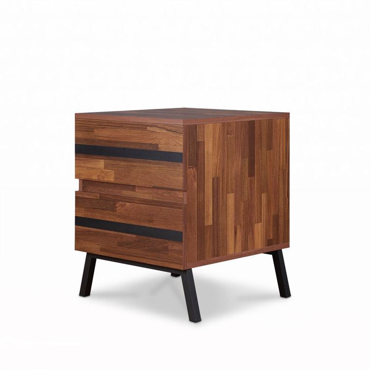 Walnut and Black Modern Rectangular Nightstand with Storage