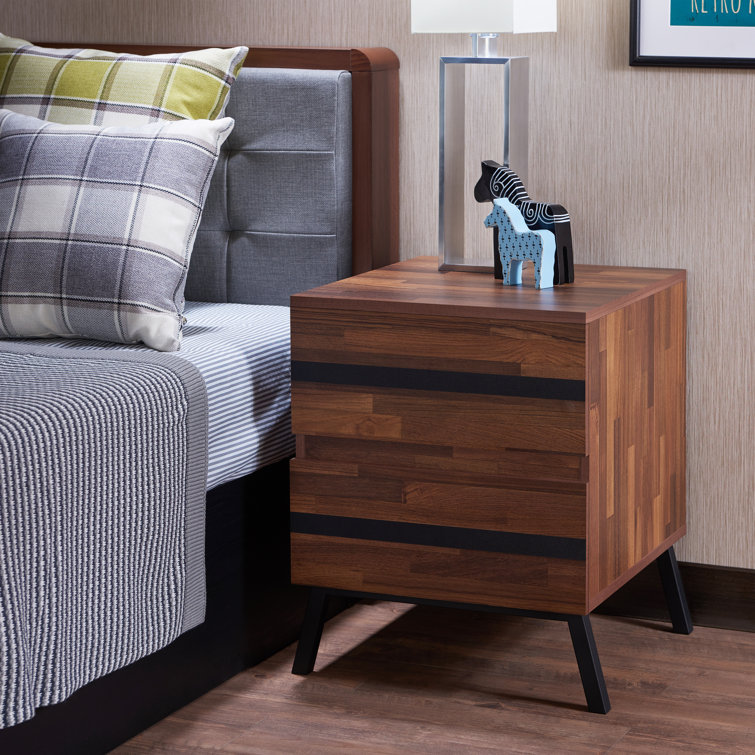 Walnut and Black Modern Rectangular Nightstand with Storage