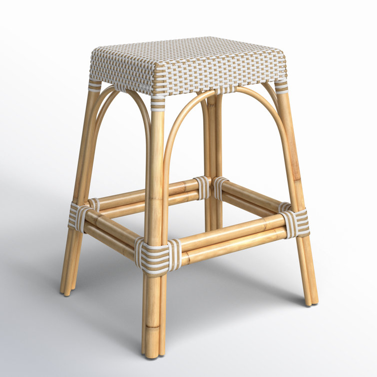 Robias 24.5" White and Tan Dot Rattan Backless Counter Stool