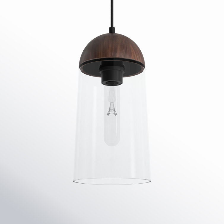 Walnut and Matte Black Single Light Clear Glass Pendant