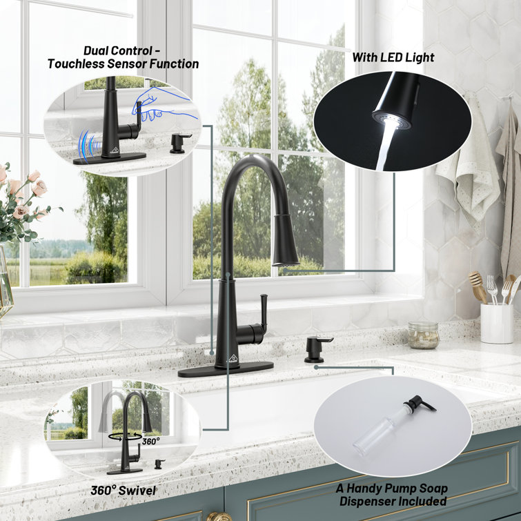 Matte Black Stainless Steel Pull-Down Kitchen Faucet with LED Light