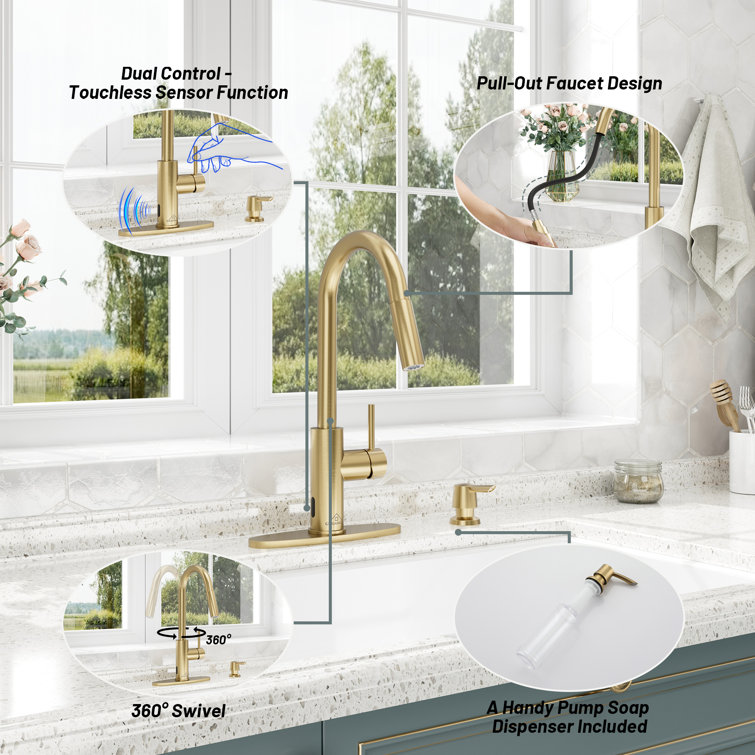 Brushed Gold Stainless Steel Pull-Down Kitchen Faucet with Infrared Sensor
