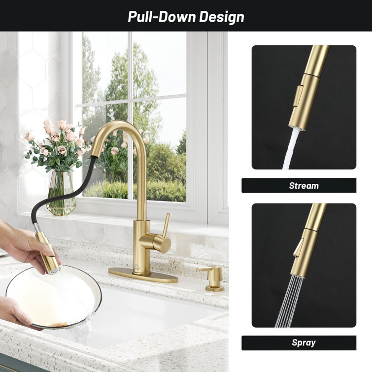 Brushed Gold Stainless Steel Pull-Down Kitchen Faucet with Infrared Sensor