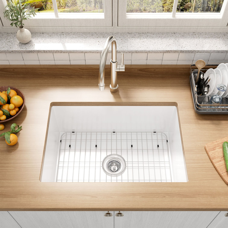 Glossy White 27" Fireclay Single Bowl Drop-In Kitchen Sink