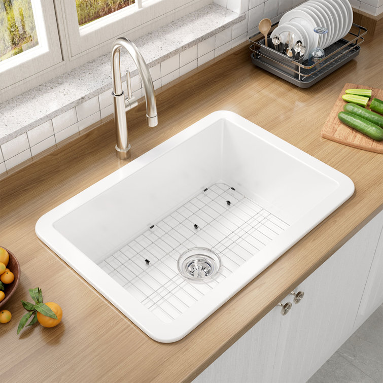 Glossy White 27" Fireclay Single Bowl Drop-In Kitchen Sink