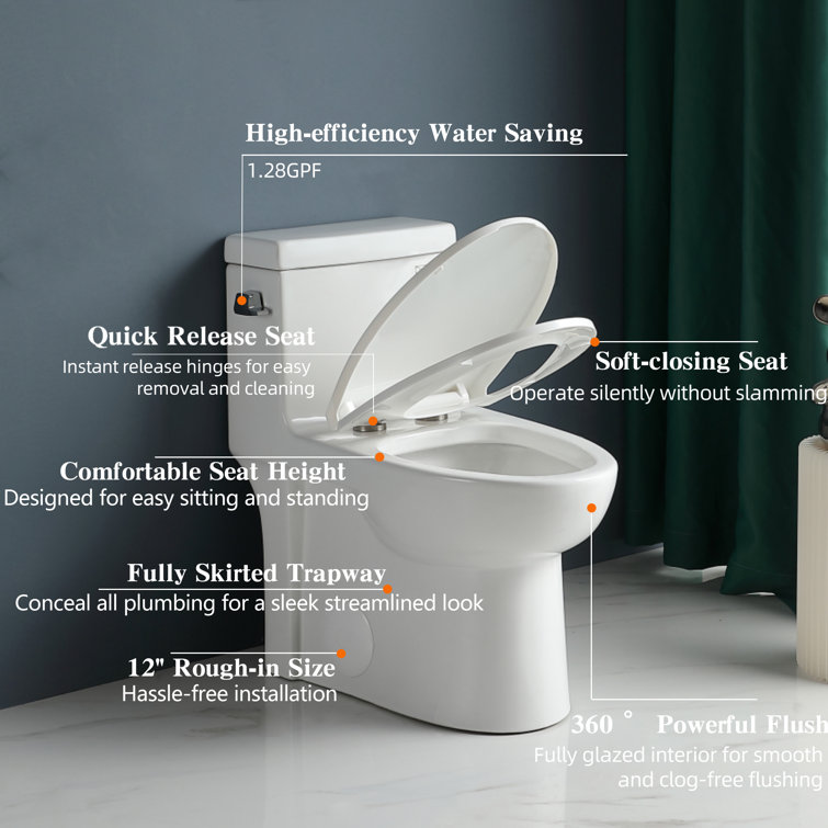 Glossy White Elongated One-Piece Dual Flush Toilet