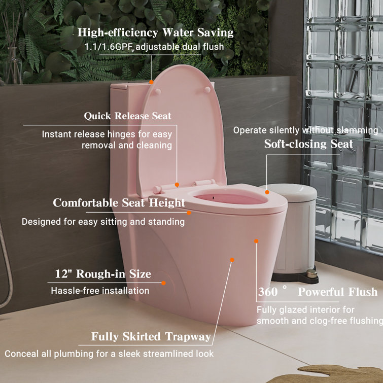 Pink Elongated Free Standing Dual Flush Toilet with Seat
