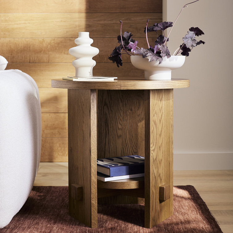 Honey Oak Round End Table with Shelf