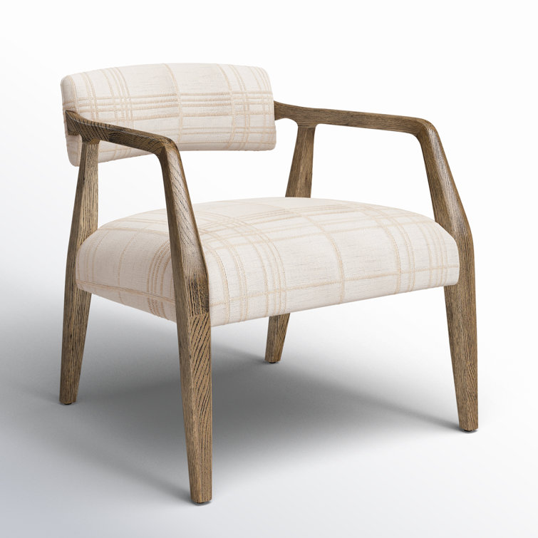 Ivory Plaid Upholstered Oak Armchair with Light Brown Legs