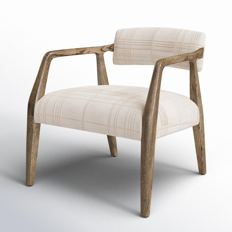 Ivory Plaid Upholstered Oak Armchair with Light Brown Legs
