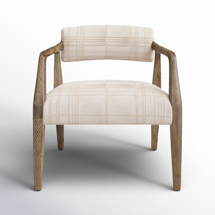 Ivory Plaid Upholstered Oak Armchair with Light Brown Legs