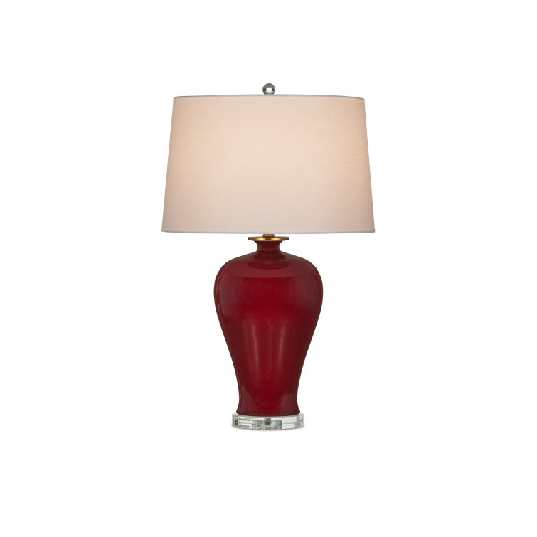 Imperial Red Porcelain Table Lamp with Off-White Linen Shade
