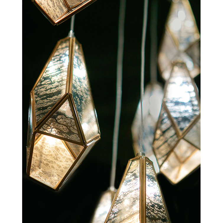 Glace Rectangular Multi-Drop 15-Light Brass & Raj Mirror Pendant